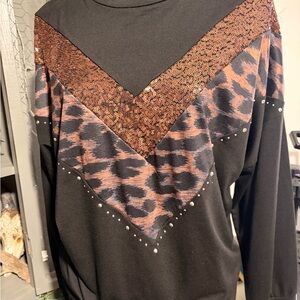 Black and Brown Sequin Leopard Print Women's Top
